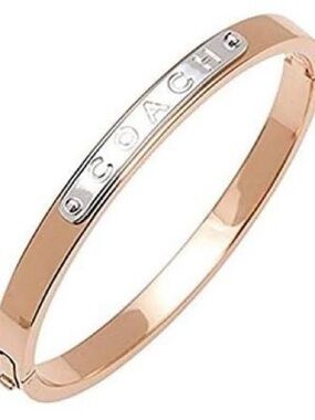 Coach F54565 Rose Gold and Silver Logo Plaque Bangle Bracelet